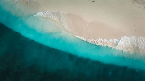 Aerial view of turquoise ocean meeting white sandy beach under bright sunlight.