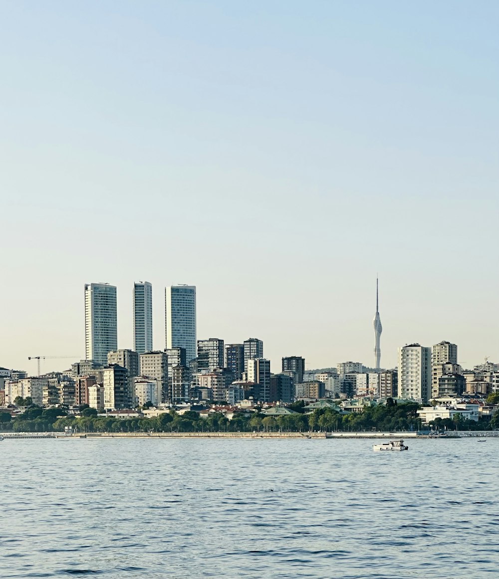 a large body of water with a city in the background