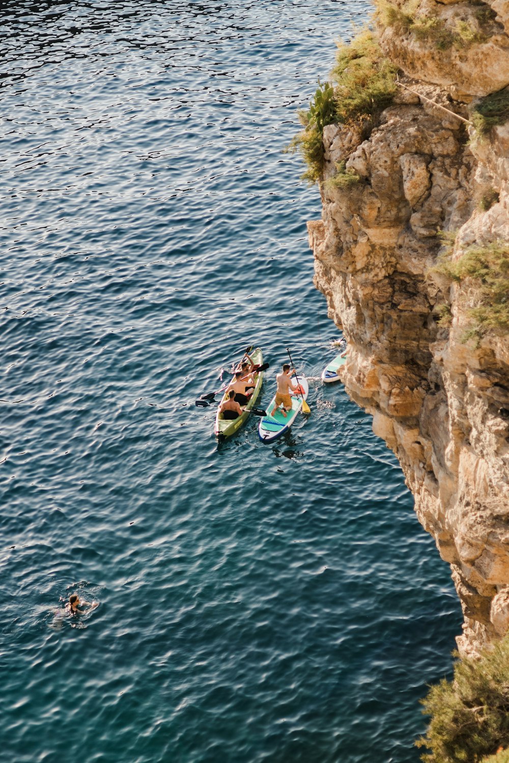 a couple of people in a small boat on a body of water