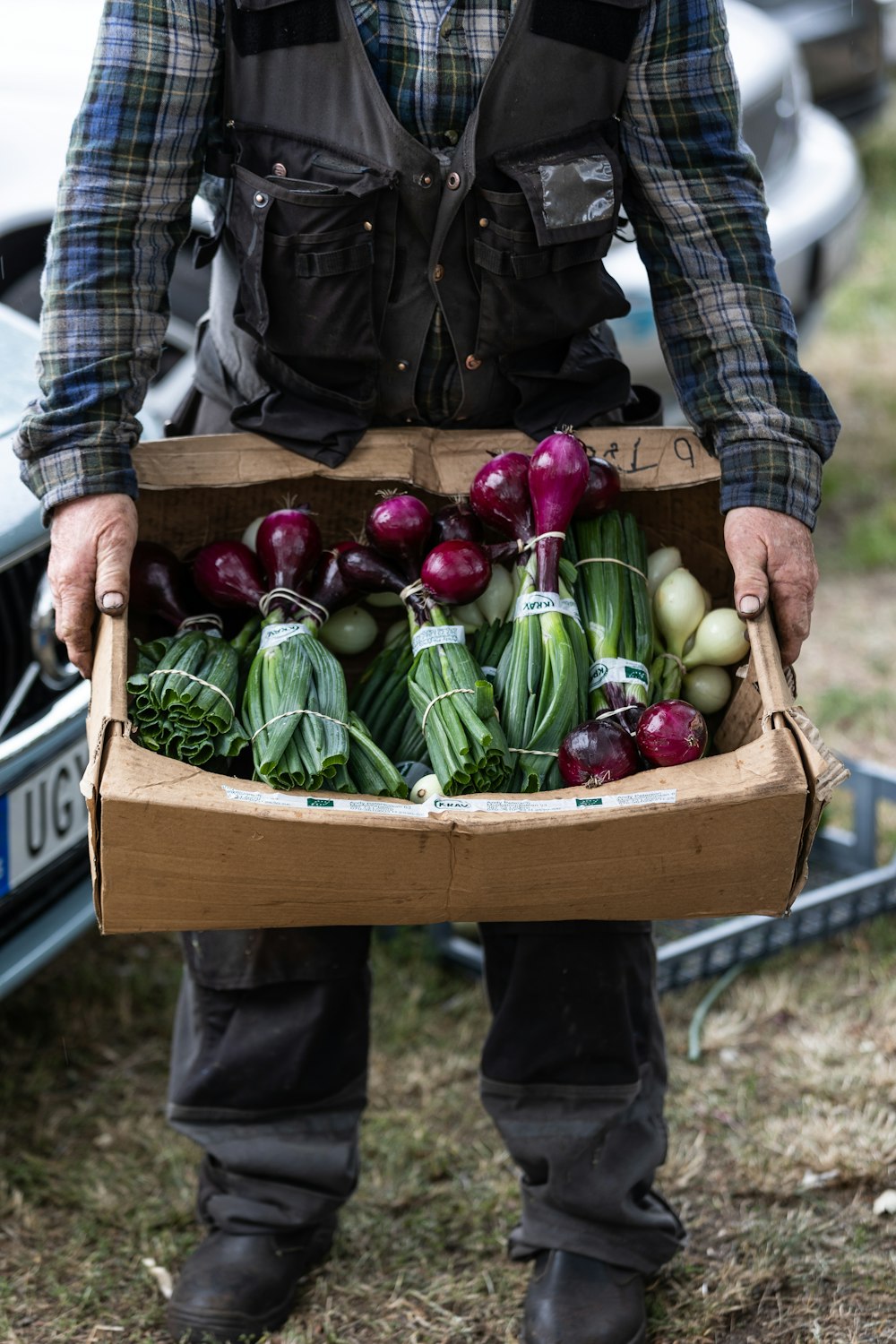 um homem segurando uma caixa de papelão cheia de legumes