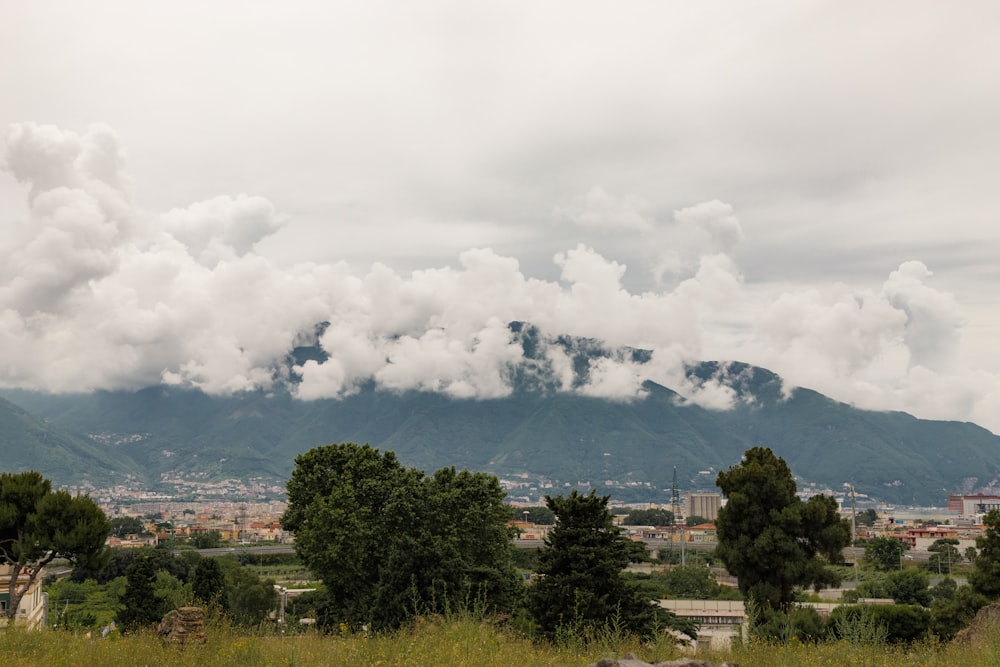 a view of a city with mountains in the background