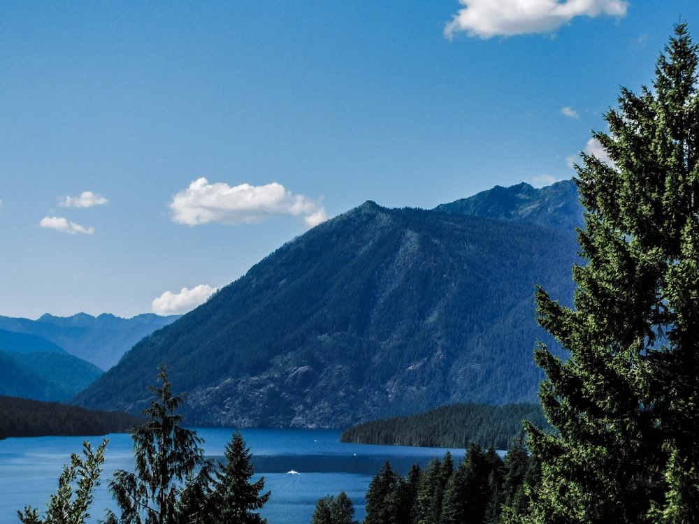 a lake surrounded by mountains and trees under a blue sky