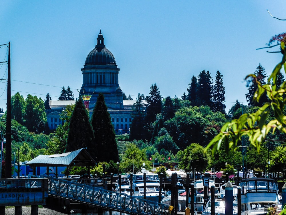 a bridge over a body of water with a building in the background