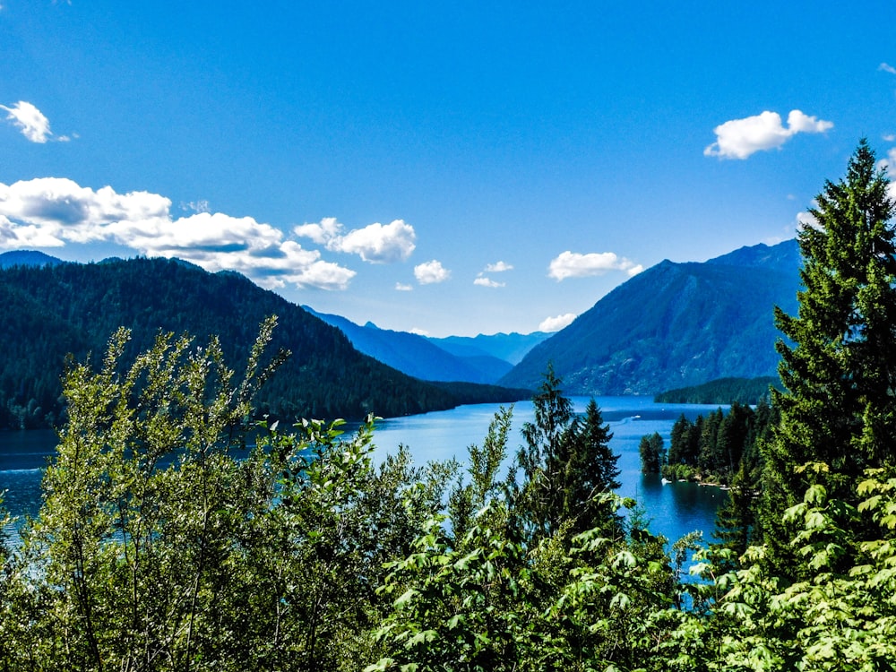 a scenic view of a lake surrounded by mountains