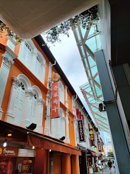 A vibrant street scene in Singapore with colorful shophouses and bustling local markets under a bright sky.