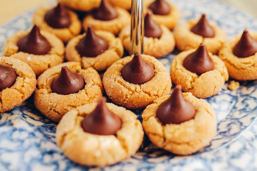 a blue and white plate topped with cookies covered in chocolate