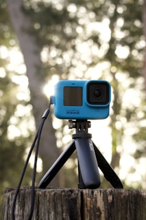 A blue action camera is mounted on a black tripod, placed on a tree stump in an outdoor setting. The background features a soft bokeh effect with warm tones, suggesting sunlight filtering through trees. The camera has a compact build with a lens and display screen.
