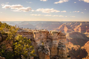 a group of people standing on the edge of a cliff