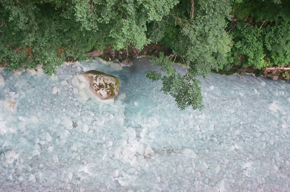 a rock in the middle of a river surrounded by trees