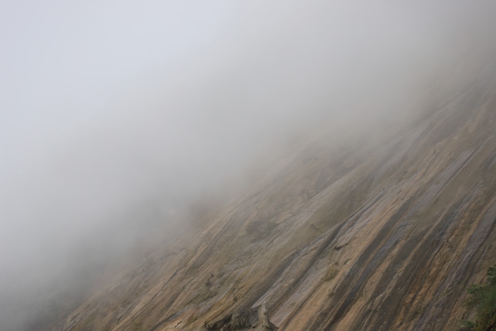 a foggy mountain side with a bench on the side