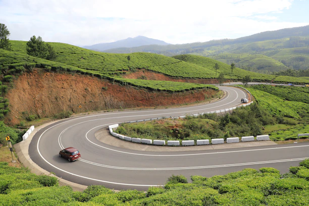 A scenic mountain road winding through lush green hills near Palampur.