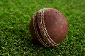 a close up of a cricket ball on some grass