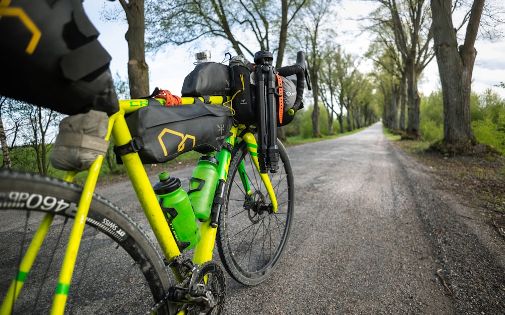 a bike parked on the side of a road