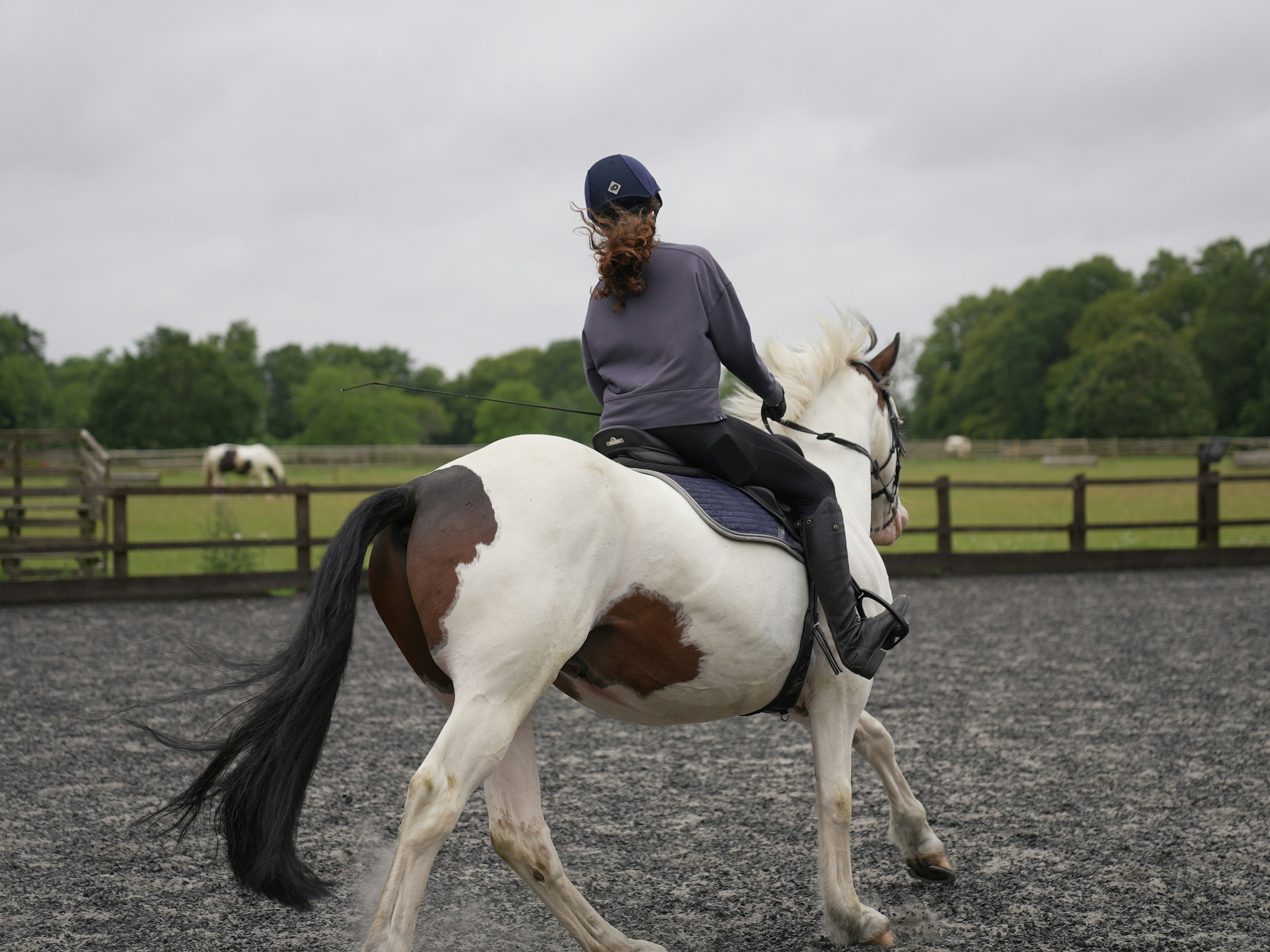 a woman riding on the back of a white and brown horse