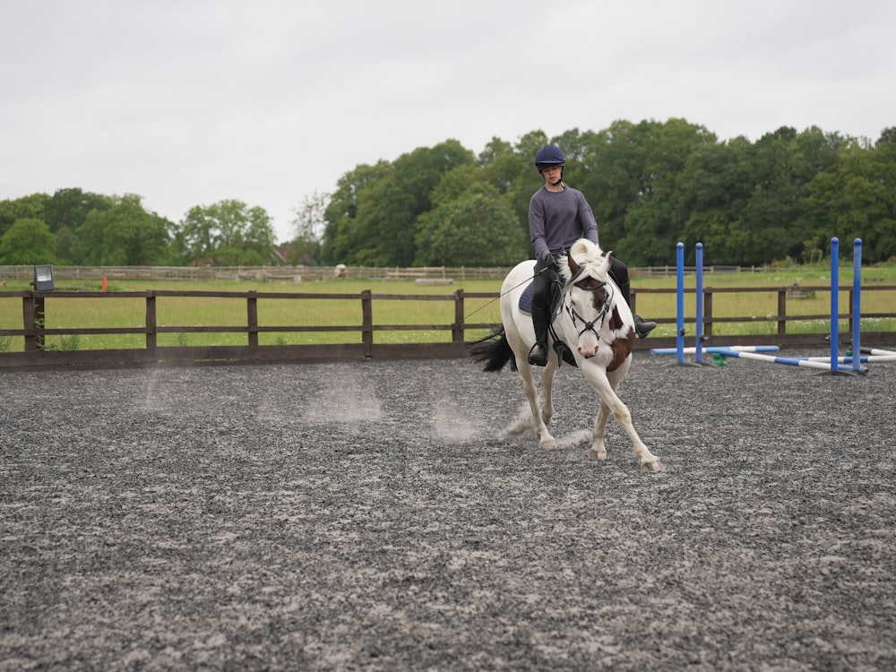 a man riding on the back of a white horse