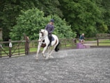 A person riding a white and brown horse in an outdoor arena surrounded by trees and wooden fences. The rider is wearing a helmet and casual riding clothes. In the background, another person is sitting on a set of purple steps, observing the scene.