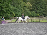 A rider gently guiding a horse through a serene training session in the stable’s arena.