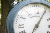 A large, round clock with Roman numerals and the words Bank of America on its face. The clock is mounted on a decorative metal arm, and it is positioned outdoors against a tree. The clock hands indicate a time near 12:00.