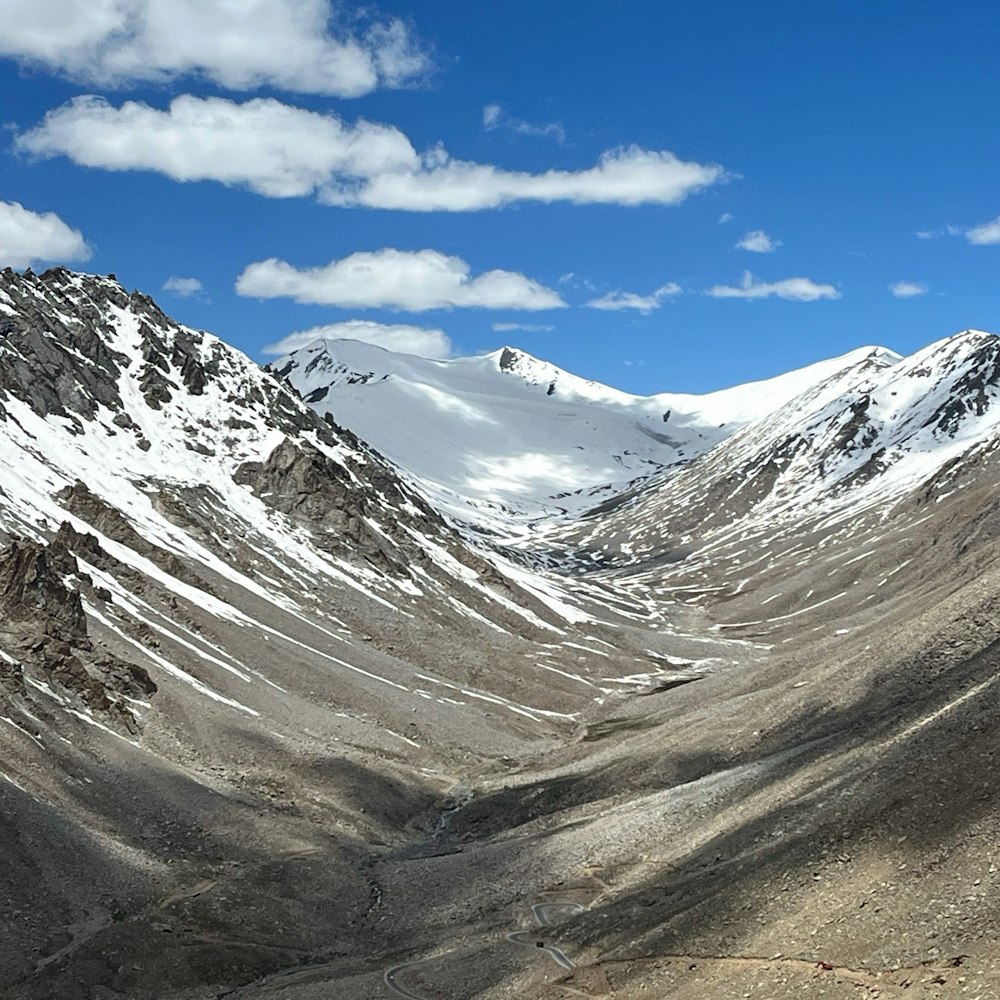 a view of a mountain range with snow on the mountains