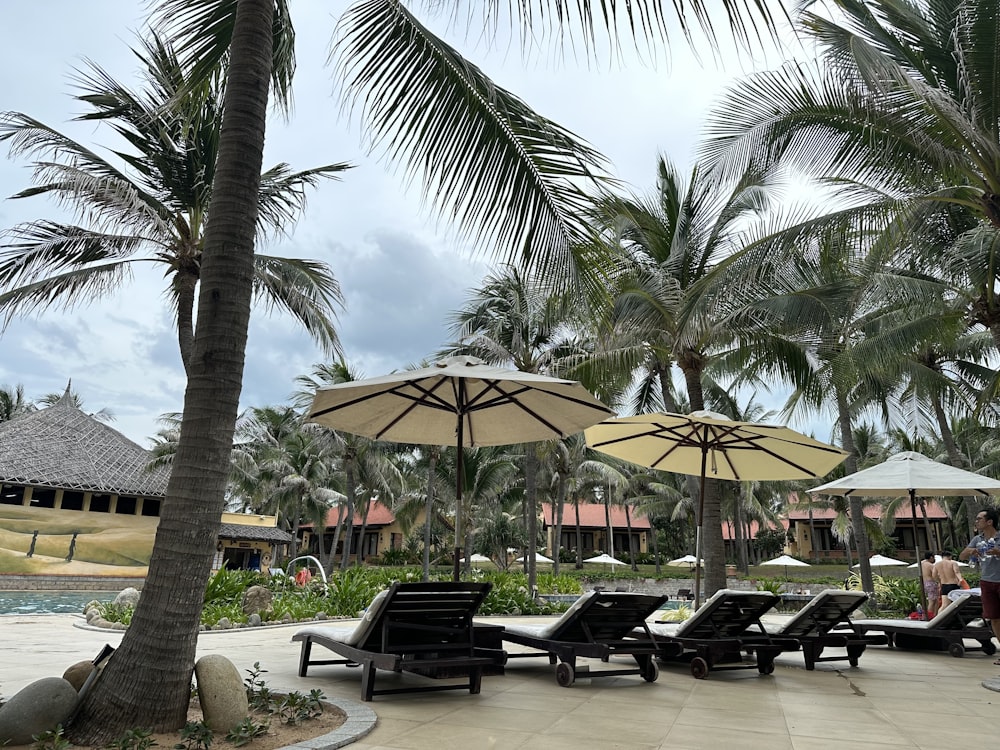 un groupe de chaises longues assises sous des parasols au bord d’une piscine