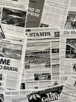 The image contains a collage of various international newspaper front pages, featuring headlines and images related to global news events. The papers have sections in different languages such as English, Italian, and Hebrew. Prominent topics include political issues and events, with accompanying black-and-white photographs.