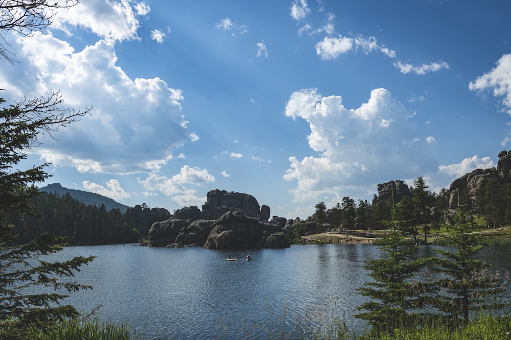 a body of water surrounded by trees and rocks