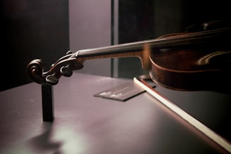 A close-up view of a violin positioned on a dark, reflective surface. The focus is on the scroll and neck of the violin, with the bow placed beside it. Soft lighting casts shadows, enhancing the rich brown tones of the wood.