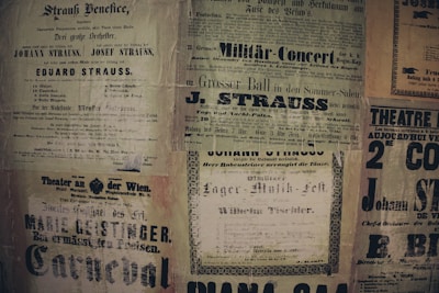 A collage of vintage posters featuring various advertisements and event announcements in German and French. The posters have a yellowed, aged appearance and display text in various fonts, some bold and decorative. Prominent names like Strauss and Geislinger are visible, indicating music concerts and theater productions.