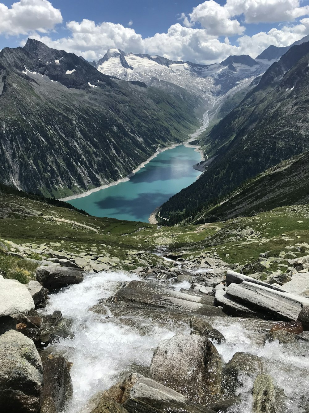 a view of a mountain lake from a high point of view