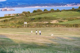 A scenic landscape featuring a grassy field with a few people walking their dog. In the background, there's a body of water and an island with a lighthouse. The field is surrounded by hills and greenery.