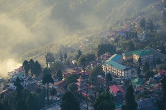 Aerial view of Monte Verde town nestled among rolling hills and dense forest on a clear day