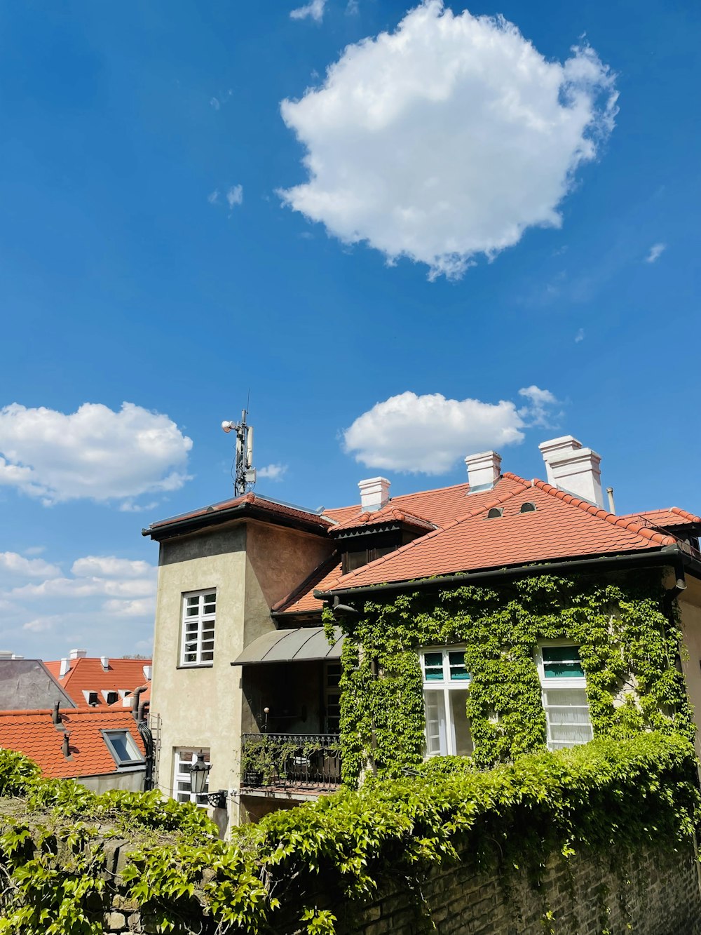 a house covered in vines with a cross on top of it