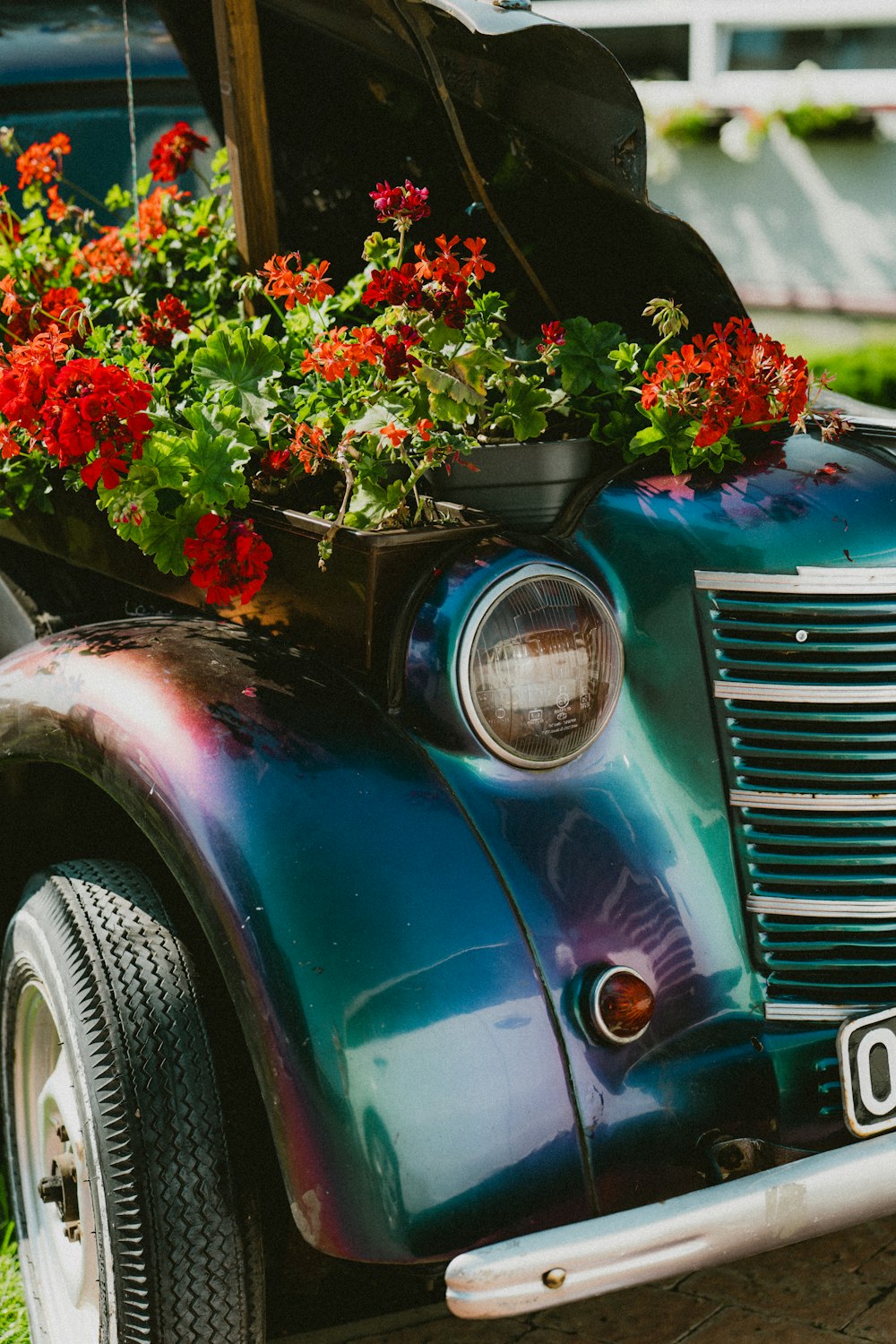 a car with flowers in the back of it