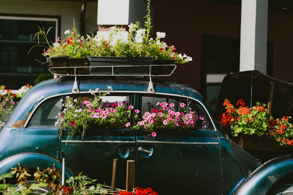 a car with a bunch of flowers on top of it