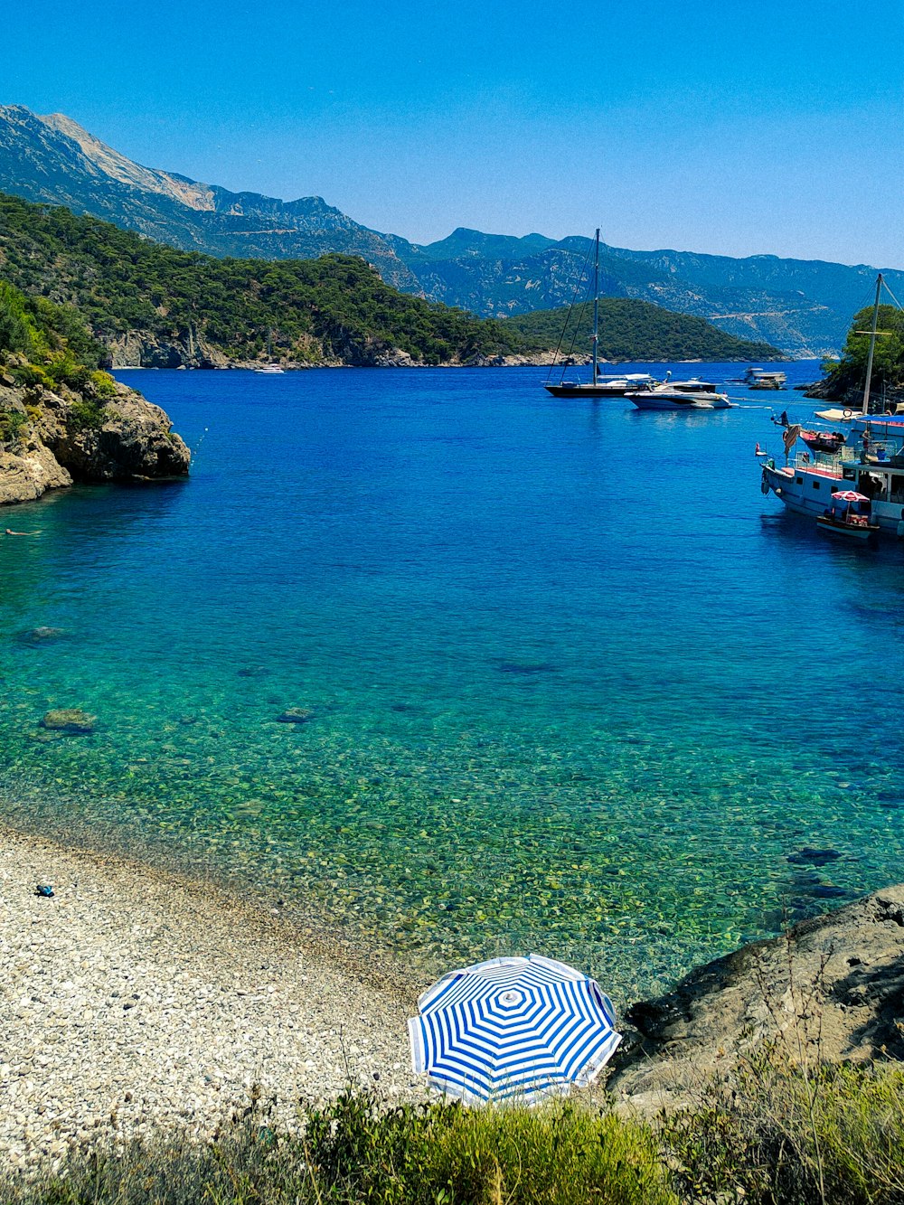 a blue umbrella sitting on the shore of a lake