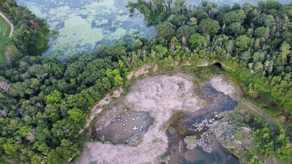 an aerial view of a wooded area with a river running through it