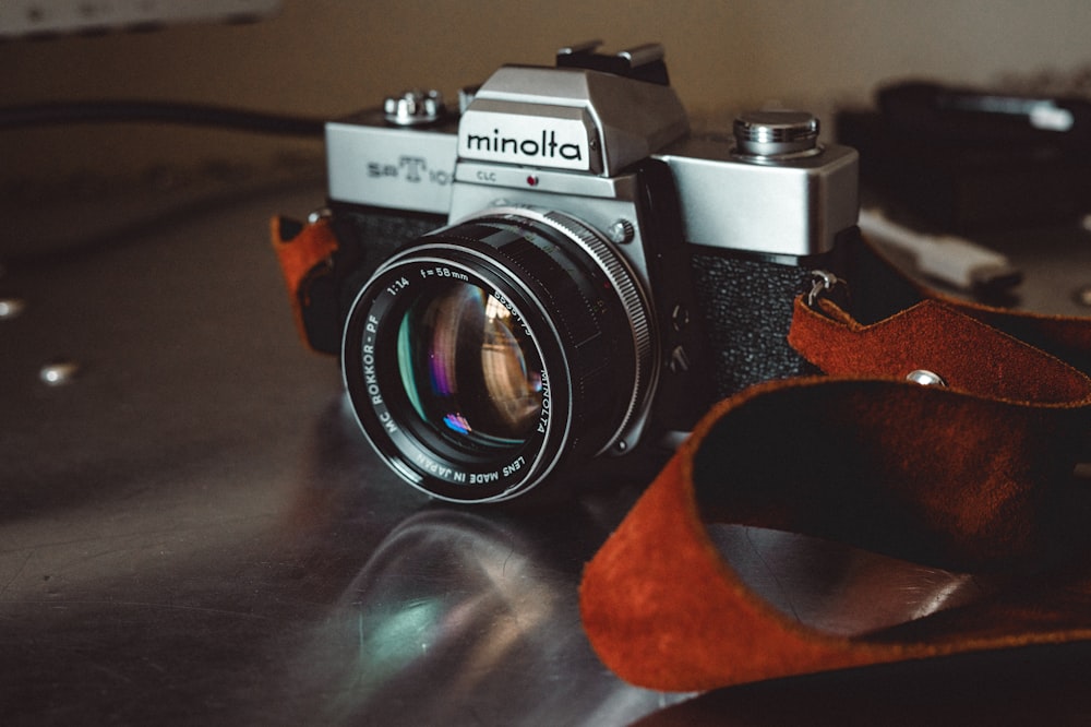 a close up of a camera on a table