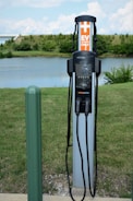 An electric vehicle charging station is situated outdoors near a body of water with green grass and some bushes in the background. The station has two charging cables and connectors hanging neatly. A green pole is seen to the left of the charger, possibly marking or protecting the charging area.
