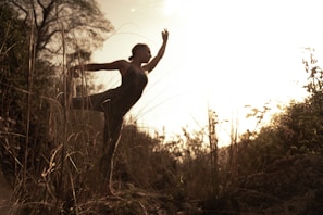 A person is performing a graceful dance pose in a natural setting. The scene is backlit by the sun, casting the figure in silhouette against tall grass and bushes. The atmosphere feels tranquil and contemplative.
