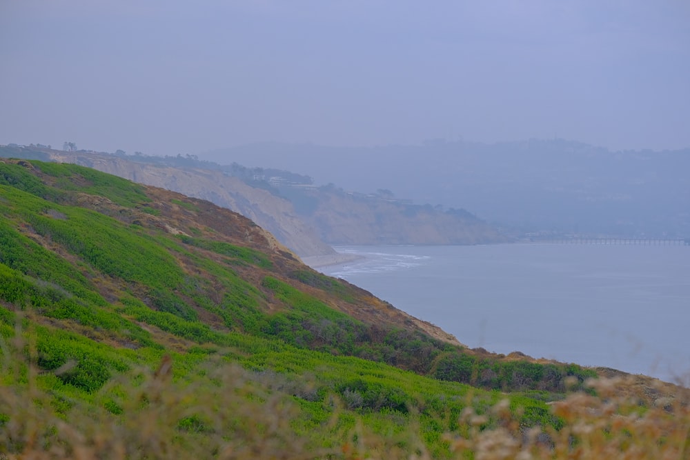 Blick auf ein Gewässer von einem Hügel