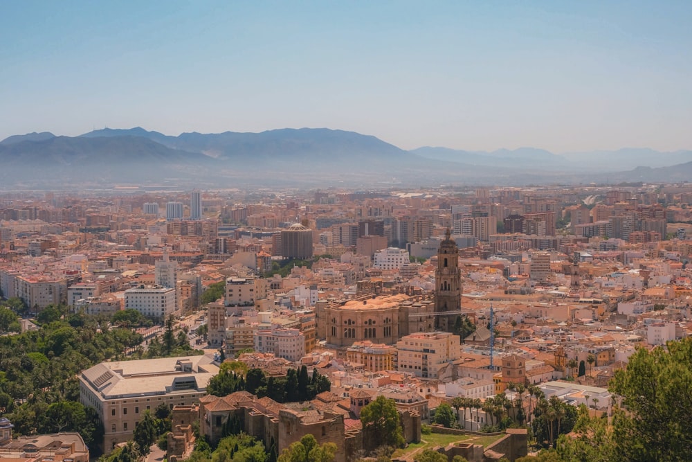 a view of a city with mountains in the background