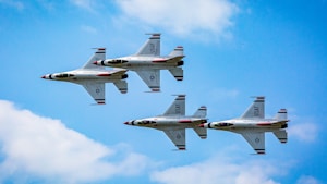 Four military fighter jets are flying in a tight, synchronized formation against a backdrop of a clear blue sky with some scattered clouds. The aircraft are tilted slightly, showcasing their sleek design and the USAF markings on the fuselage.