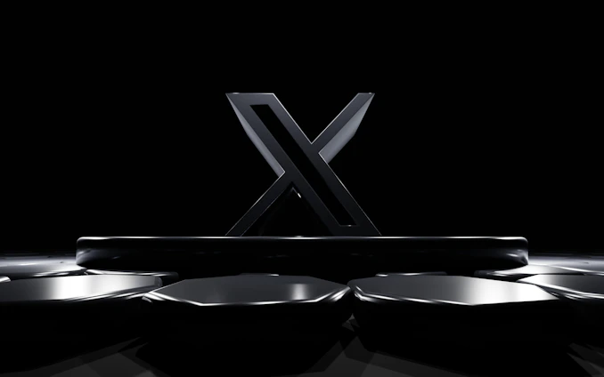 A sleek, angular digital marketing workspace bathed in deep black with neon white accents reflecting the sharp 'x' brand identity.