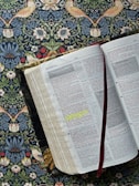 An open Bible lies on a floral patterned surface, with passages highlighted in yellow. The pages show sections with red text, indicating words of significance, and a red ribbon bookmark is placed between the pages. The background features an ornate design with birds, flowers, and leaves.