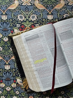 An open Bible lies on a floral patterned surface, with passages highlighted in yellow. The pages show sections with red text, indicating words of significance, and a red ribbon bookmark is placed between the pages. The background features an ornate design with birds, flowers, and leaves.