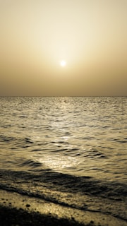 A serene sunrise over a calm sea with soft golden light reflecting on gentle waves.