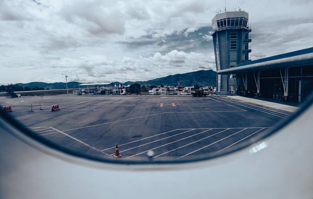 a view of an airport from an airplane window