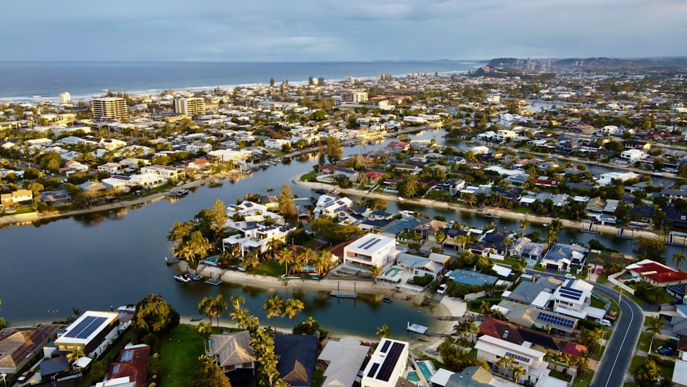 an aerial view of a city with a river running through it