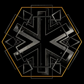 Geometric pattern inspired by the company symbol overlaying a dark background