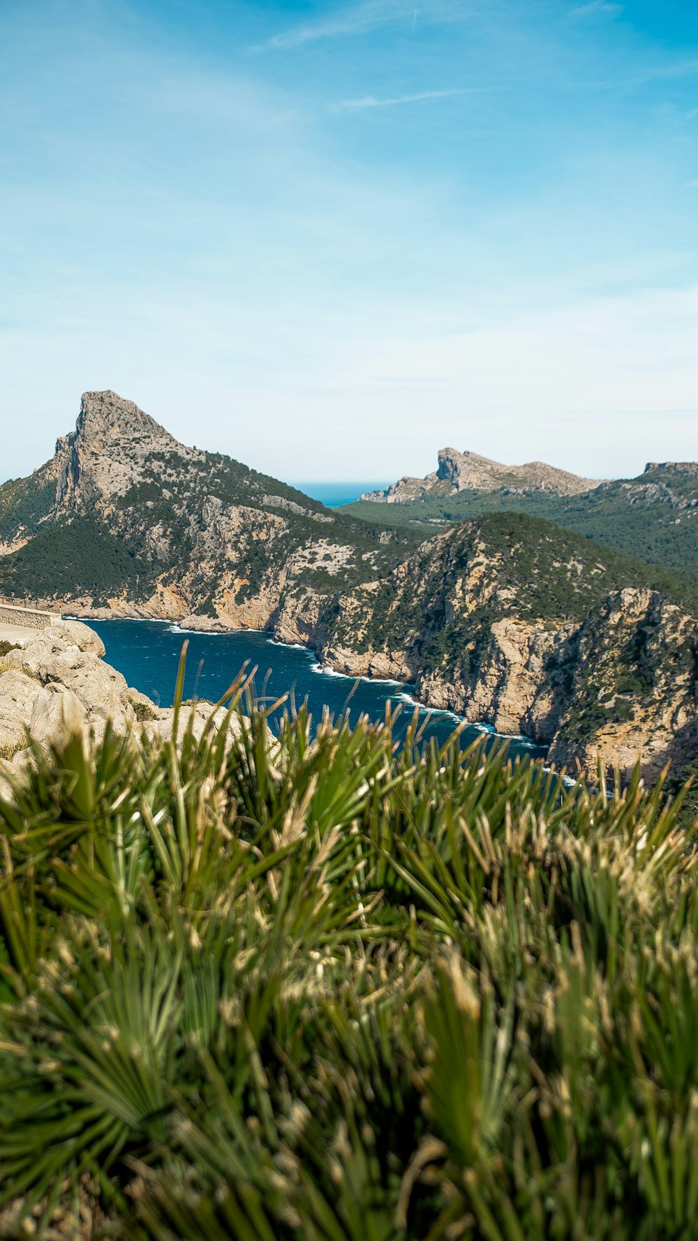 a view of a lake and mountains from the top of a hill